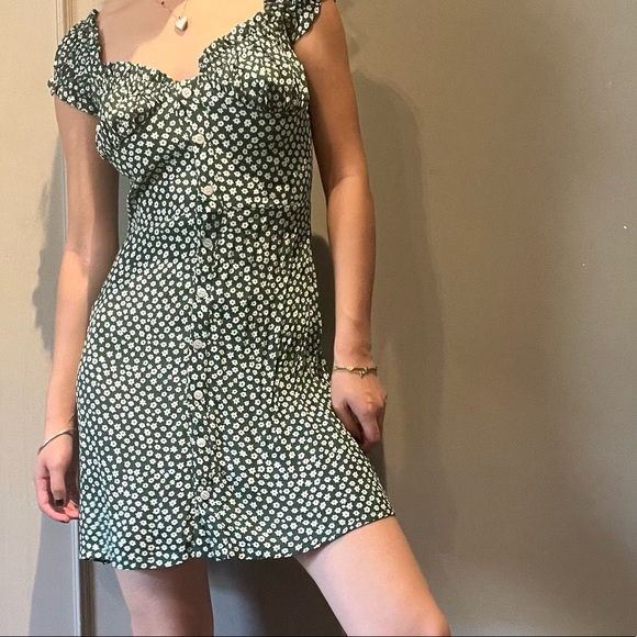 slim fit dress slacks Green Floral Short Sleeve Midi Dress - All Dresses main image 1